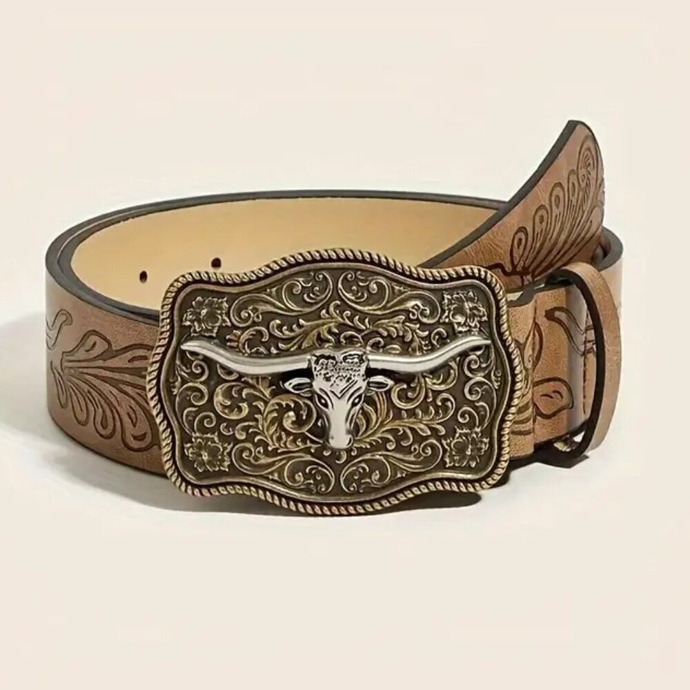 Longhorn Gold Tone Buckle Brown Pleather Belt 40" Length Belt